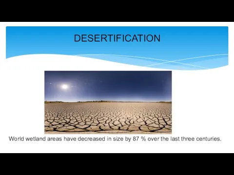 DESERTIFICATION World wetland areas have decreased in size by 87 % over the last three centuries.