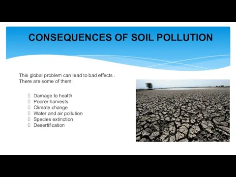 CONSEQUENCES OF SOIL POLLUTION Damage to health Poorer harvests Climate change Water