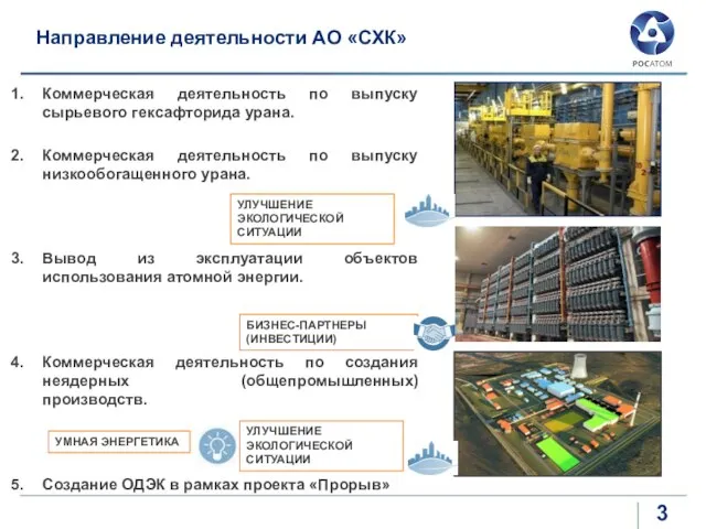 Направление деятельности АО «СХК» Коммерческая деятельность по выпуску сырьевого гексафторида урана. Коммерческая