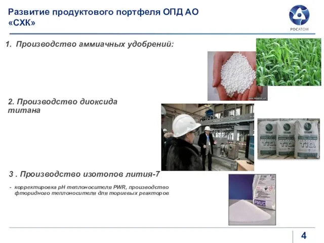 Развитие продуктового портфеля ОПД АО «СХК» Производство аммиачных удобрений: 3 . Производство