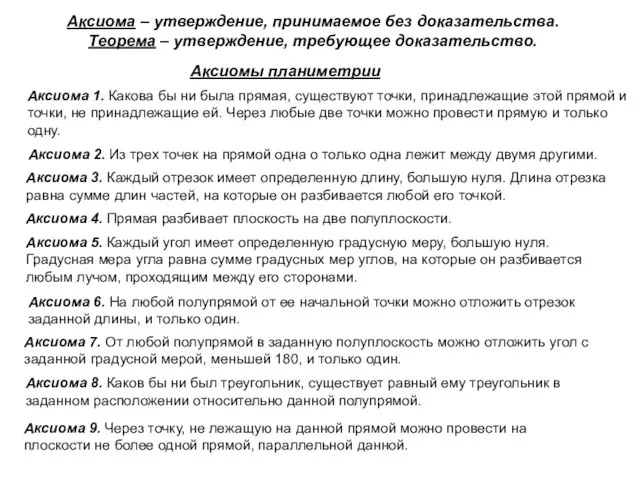 Аксиомы планиметрии Аксиома 1. Какова бы ни была прямая, существуют точки, принадлежащие