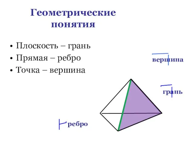 Геометрические понятия Плоскость – грань Прямая – ребро Точка – вершина вершина грань ребро