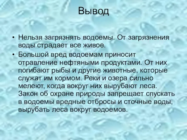 Вывод Нельзя загрязнять водоемы. От загрязнения воды страдает все живое. Большой вред