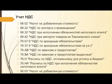 Учет НДС 68.02 "Налог на добавленную стоимость" 68.22 "НДС по экспорту к