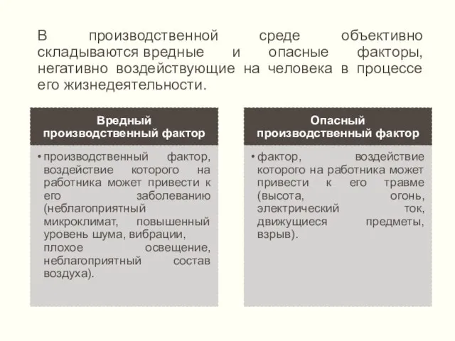 В производственной среде объективно складываются вредные и опасные факторы, негативно воздействующие на