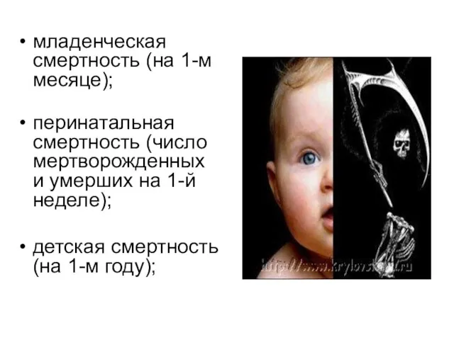 младенческая смертность (на 1-м месяце); перинатальная смертность (число мертворожденных и умерших на