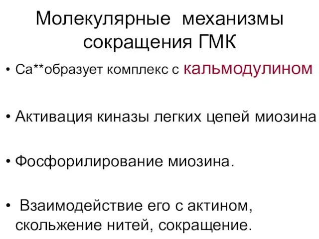 Молекулярные механизмы сокращения ГМК Са**образует комплекс с кальмодулином Активация киназы легких цепей