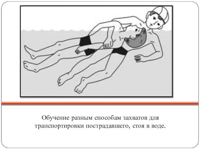 Обучение разным способам захватов для транспортировки пострадавшего, стоя в воде.