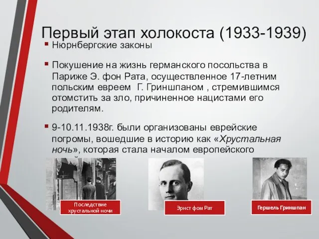 Первый этап холокоста (1933-1939) Нюрнбергские законы Покушение на жизнь германского посольства в