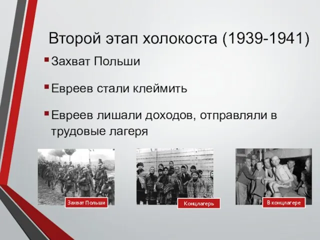 Второй этап холокоста (1939-1941) Захват Польши Евреев стали клеймить Евреев лишали доходов, отправляли в трудовые лагеря