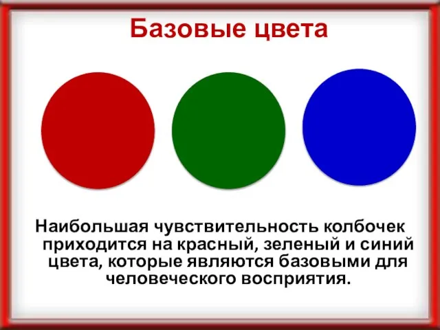Базовые цвета Наибольшая чувствительность колбочек приходится на красный, зеленый и синий цвета,