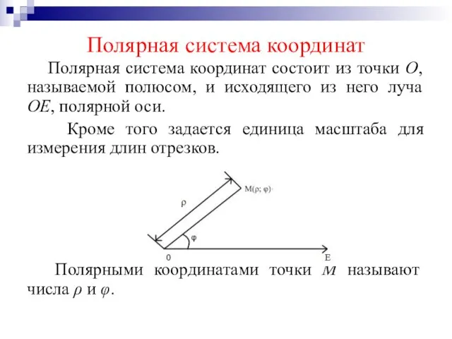 Полярная система координат Полярная система координат состоит из точки О, называемой полюсом,