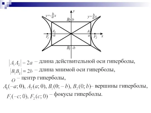 – длина действительной оси гиперболы, – длина мнимой оси гиперболы, – центр