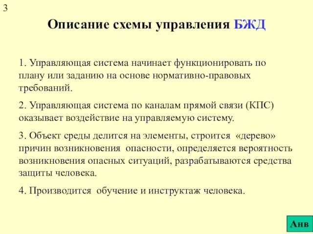 Описание схемы управления БЖД 1. Управляющая система начинает функционировать по плану или