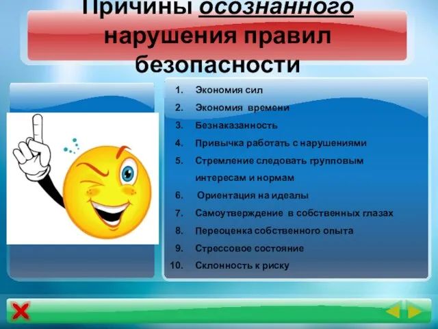 Причины осознанного нарушения правил безопасности Экономия сил Экономия времени Безнаказанность Привычка работать