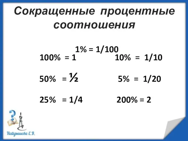 100% = 1 10% = 1/10 50% = ½ 5% = 1/20