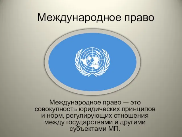 Международное право Международное право — это совокупность юридических принципов и норм, регулирующих