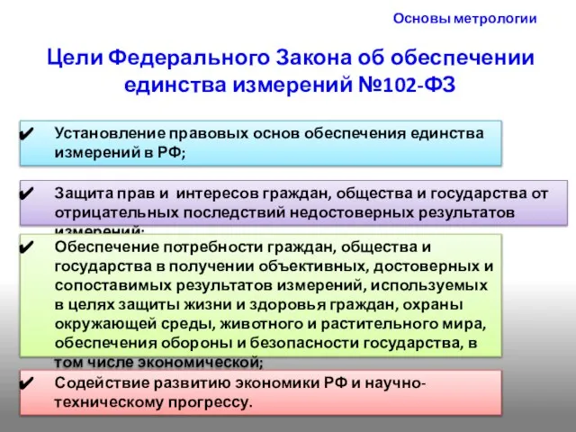 Основы метрологии Цели Федерального Закона об обеспечении единства измерений №102-ФЗ Установление правовых