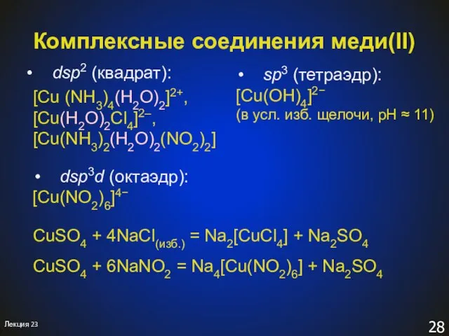 Комплексные соединения меди(II) dsp2 (квадрат): [Cu (NH3)4(H2O)2]2+, [Cu(H2O)2Cl4]2–, [Cu(NH3)2(H2O)2(NO2)2] Лекция 23 sp3