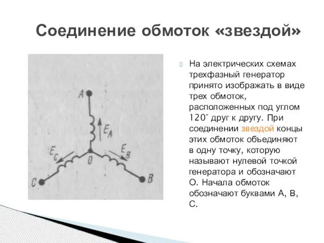 Соединение обмоток «звездой» На электрических схемах трехфазный генератор принято изображать в виде