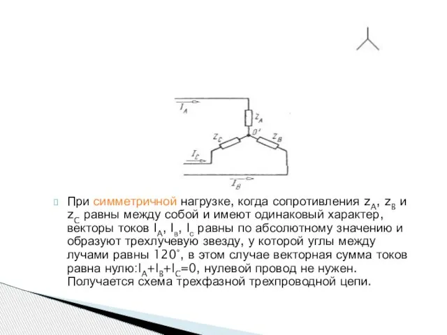 При симметричной нагрузке, когда сопротивления zA, zB и zC равны между собой