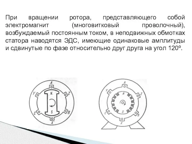 При вращении ротора, представляющего собой электромагнит (многовитковый проволочный), возбуждаемый постоянным током, в