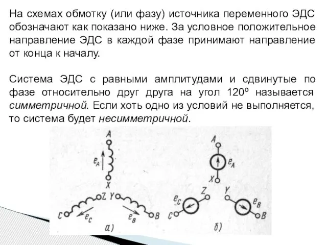 На схемах обмотку (или фазу) источника переменного ЭДС обозначают как показано ниже.