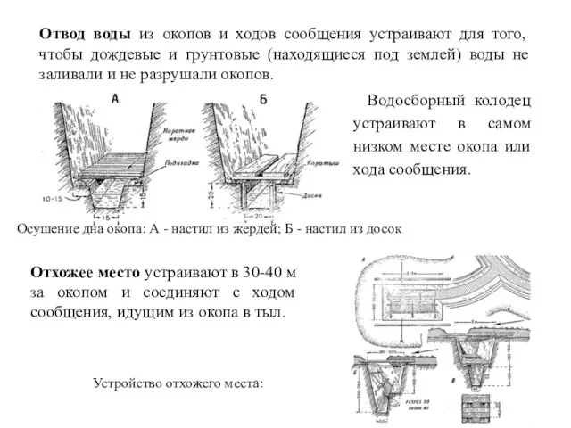 Отвод воды из окопов и ходов сообщения устраивают для того, чтобы дождевые