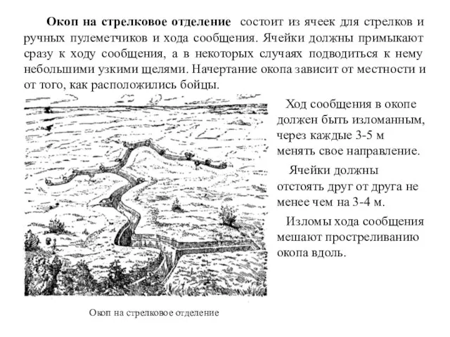 Окоп на стрелковое отделение Окоп на стрелковое отделение состоит из ячеек для