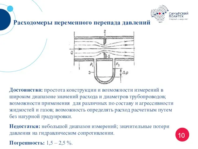 10 Расходомеры переменного перепада давлений Достоинства: простота конструкции и возможности измерений в