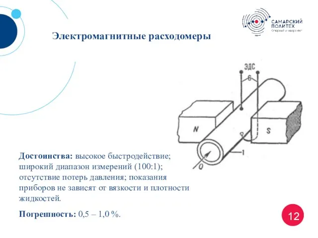 12 Электромагнитные расходомеры Достоинства: высокое быстродействие; широкий диапазон измерений (100:1); отсутствие потерь