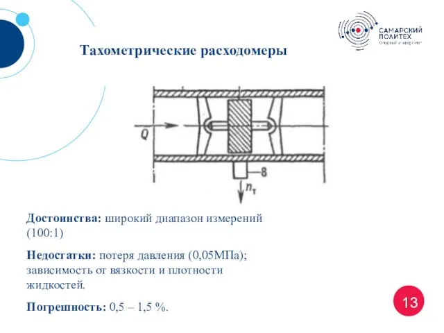 13 Тахометрические расходомеры Достоинства: широкий диапазон измерений (100:1) Недостатки: потеря давления (0,05МПа);