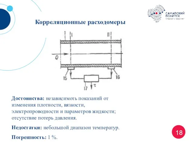 18 Корреляционные расходомеры Достоинства: независимоть показаний от изменения плотности, вязкости, электропроводности и