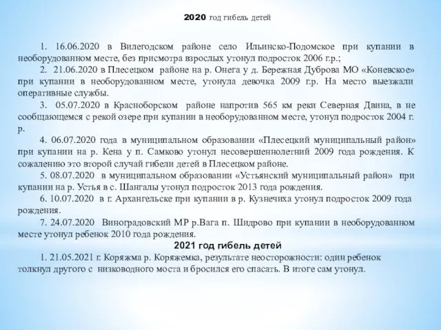 2020 год гибель детей 1. 16.06.2020 в Вилегодском районе село Ильинско-Подомское при