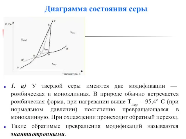 Диаграмма состояния серы 1. а) У твердой серы имеются две модификации —