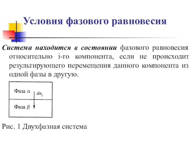 Условия фазового равновесия Система находится в состоянии фазового равновесия относительно i-го компонента,