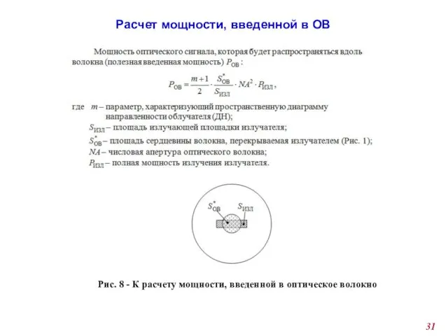 Расчет мощности, введенной в ОВ Рис. 8 - К расчету мощности, введенной в оптическое волокно