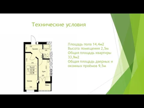 Технические условия Площадь пола 14,4м2 Высота помещения 2,5м Общая площадь квартиры 33,9м2