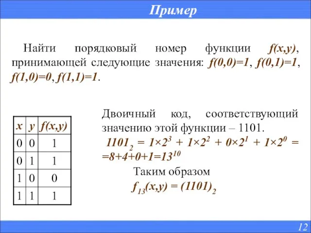 Пример Найти порядковый номер функции f(x,y), принимающей следующие значения: f(0,0)=1, f(0,1)=1, f(1,0)=0,