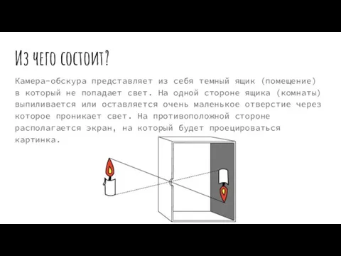 Из чего состоит? Камера-обскура представляет из себя темный ящик (помещение) в который