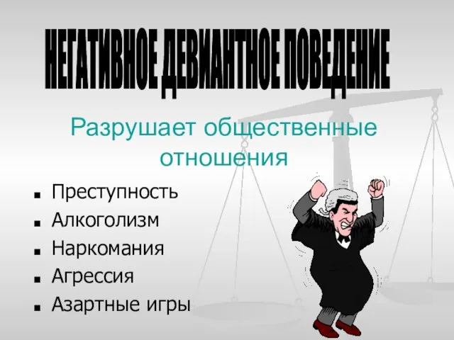 Разрушает общественные отношения Преступность Алкоголизм Наркомания Агрессия Азартные игры НЕГАТИВНОЕ ДЕВИАНТНОЕ ПОВЕДЕНИЕ