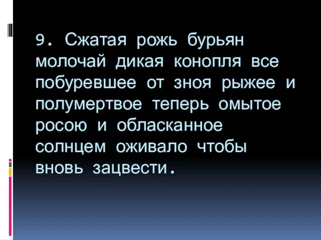 9. Сжатая рожь бурьян молочай дикая конопля все побуревшее от зноя рыжее