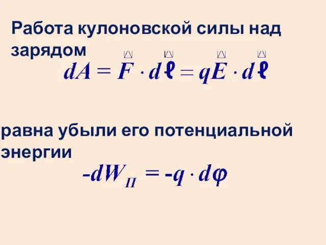 Работа кулоновской силы над зарядом равна убыли его потенциальной энергии