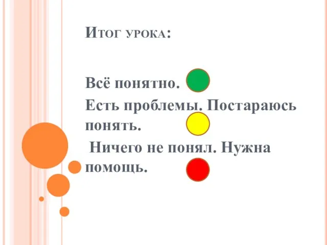 Итог урока: Всё понятно. Есть проблемы. Постараюсь понять. Ничего не понял. Нужна помощь.