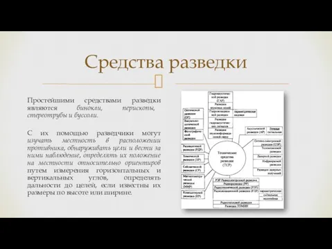 Средства разведки Простейшими средствами разведки являются бинокли, перископы, стереотрубы и буссоли. С