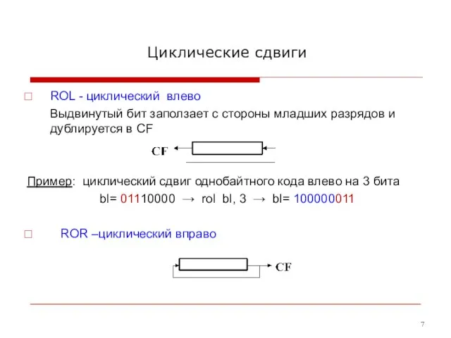 Циклические сдвиги ROL - циклический влево Выдвинутый бит заползает с стороны младших