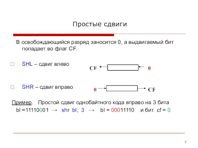 Простые сдвиги В освобождающийся разряд заносится 0, а выдвигаемый бит попадает во