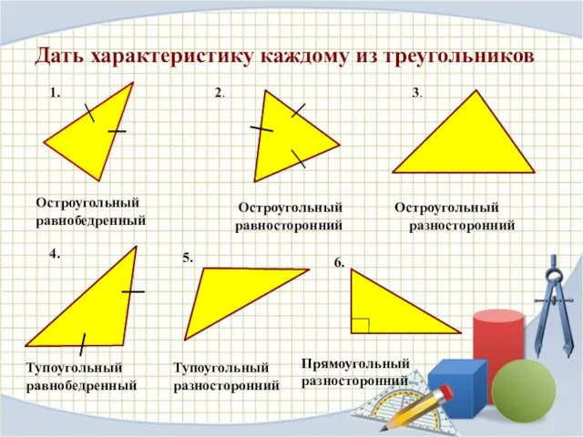 Дать характеристику каждому из треугольников 1. 2. 3. Остроугольный равнобедренный Остроугольный равносторонний