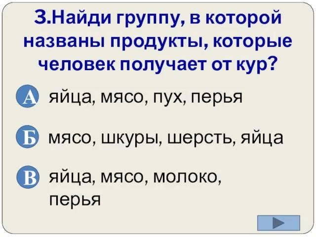 3.Найди группу, в которой названы продукты, которые человек получает от кур? яйца,