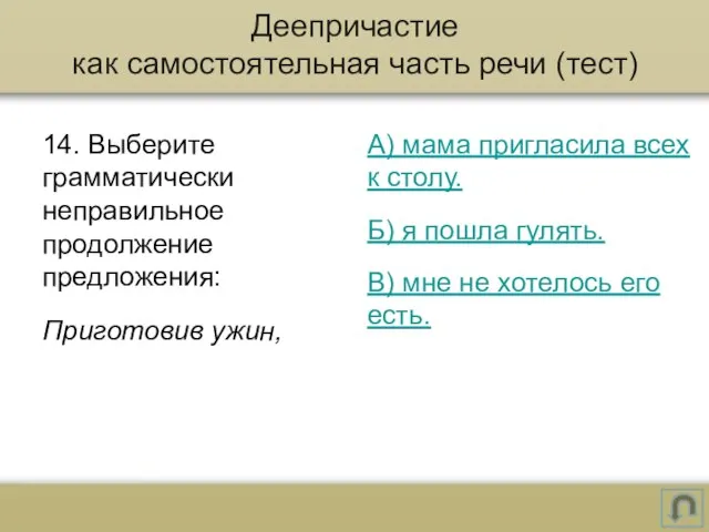 14. Выберите грамматически неправильное продолжение предложения: Приготовив ужин, А) мама пригласила всех